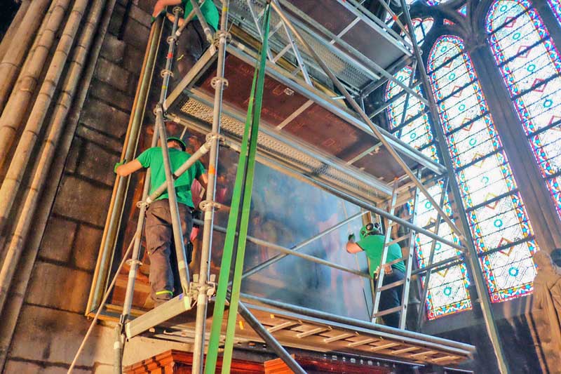 Scaffolding for the rescue operations of Notre Dame's valuable artworks in Paris